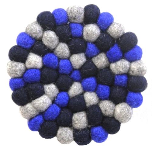 Hand Crafted Felt Ball Trivets from Nepal: Round, Dark Blues - Global Groove (T) - TheHomeToGo