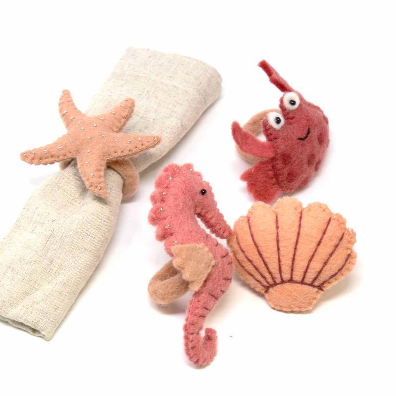 Hand-felted Seashore Napkin Rings, Set of Four Designs - Global Groove (T) - TheHomeToGo