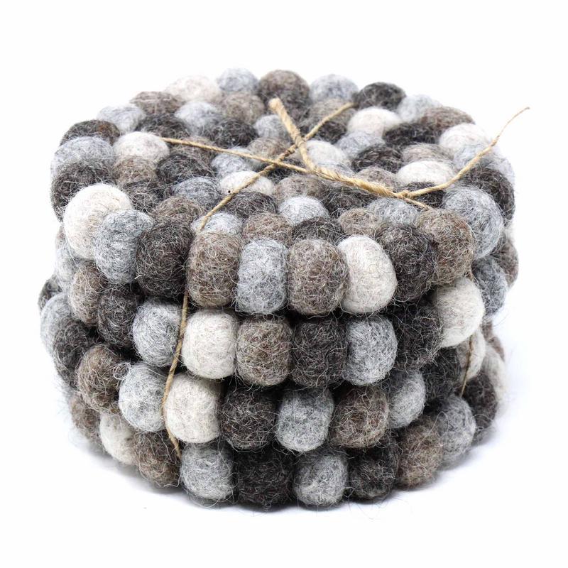 Hand Crafted Felt Ball Coasters from Nepal: 4-pack, Multicolor Greys - Global Groove (T) - TheHomeToGo