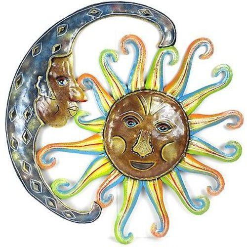 24-Inch Painted Blue Moon and Sun Metal Wall Art - Croix des Bouquets - TheHomeToGo