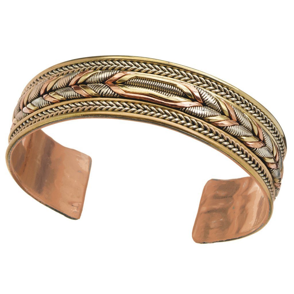 Copper and Brass Cuff Bracelet: Healing Braid - DZI (J) - TheHomeToGo