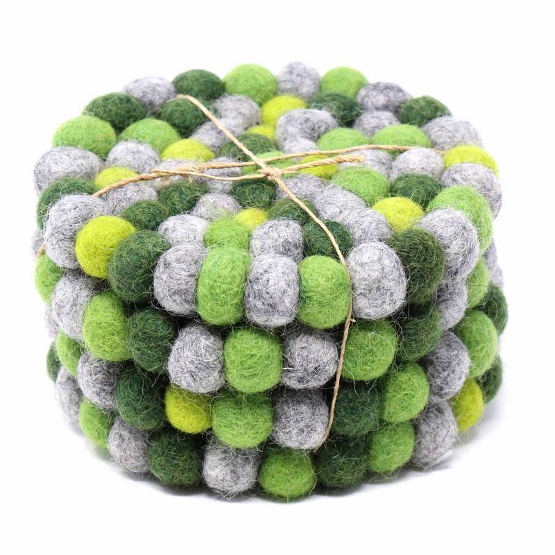 Hand Crafted Felt Ball Coasters from Nepal: 4-pack, Chakra Greens - Global Groove (T) - TheHomeToGo