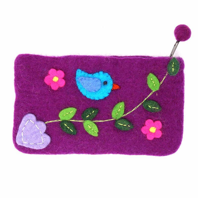 Handmade Felt Purple Bird Clutch - Global Groove (P) - TheHomeToGo