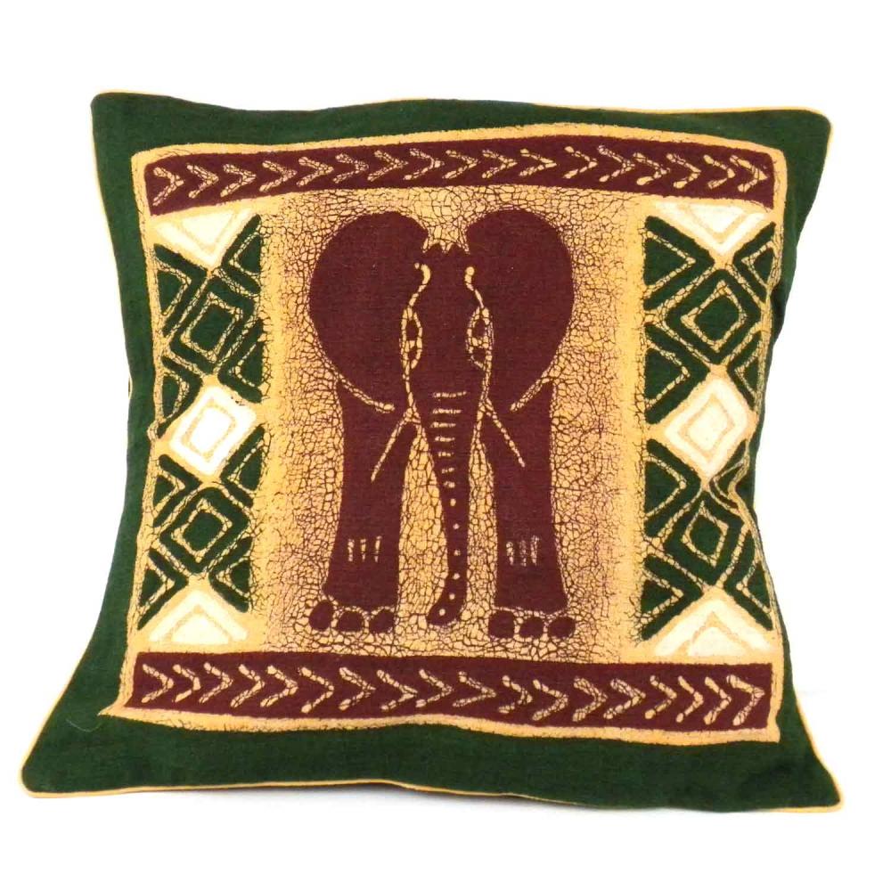 Handmade Green and Maroon Elephant Batik Cushion Cover - Tonga Textiles - TheHomeToGo