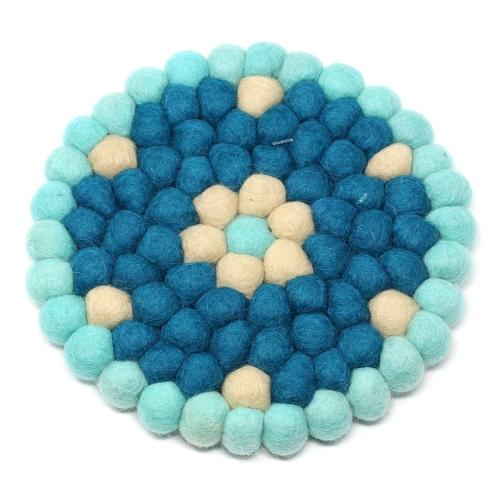 Hand Crafted Felt Ball Trivets from Nepal: Round Flower Design, Turquoise - Global Groove (T) - TheHomeToGo