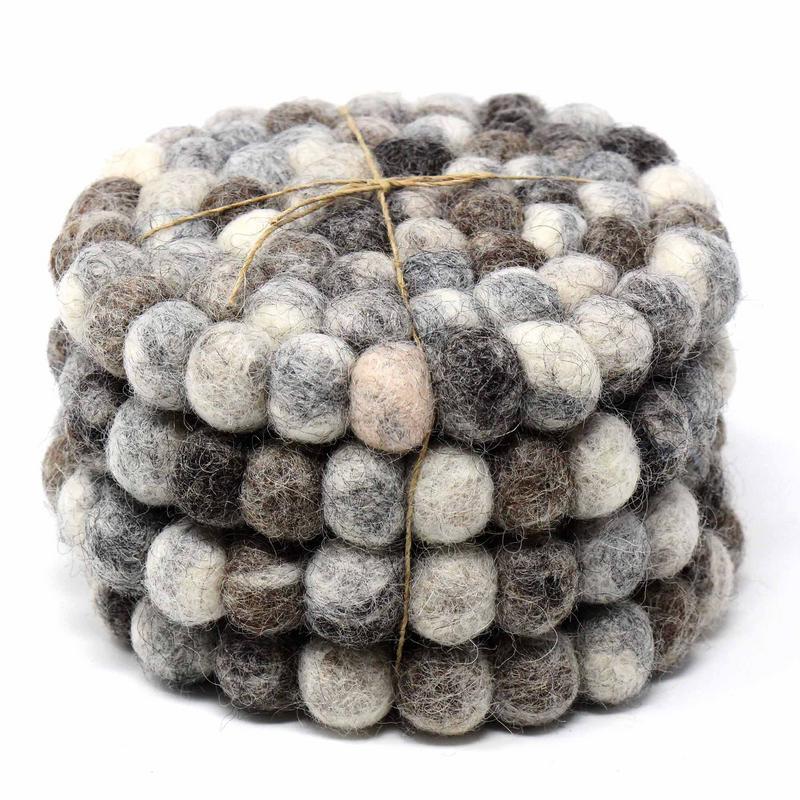 Hand Crafted Felt Ball Coasters from Nepal: 4-pack, Unicolor Grey - Global Groove (T) - TheHomeToGo