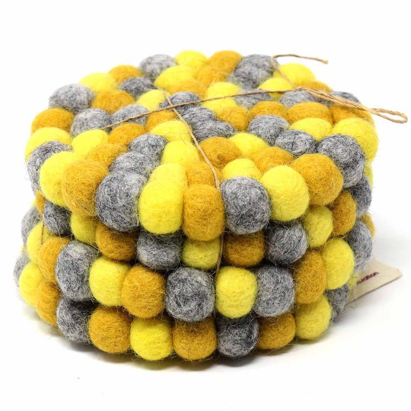 Hand Crafted Felt Ball Coasters from Nepal: 4-pack, Chakra Yellows - Global Groove (T) - TheHomeToGo