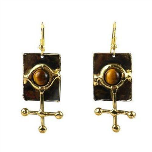 Gold Tiger Eye Ball and Jack Brass Earrings - Brass Images (E) - TheHomeToGo