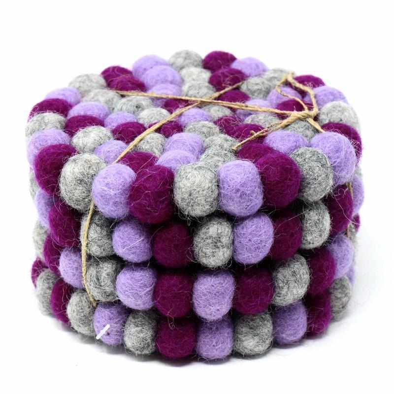 Hand Crafted Felt Ball Coasters from Nepal: 4-pack, Chakra Purples - Global Groove (T) - TheHomeToGo