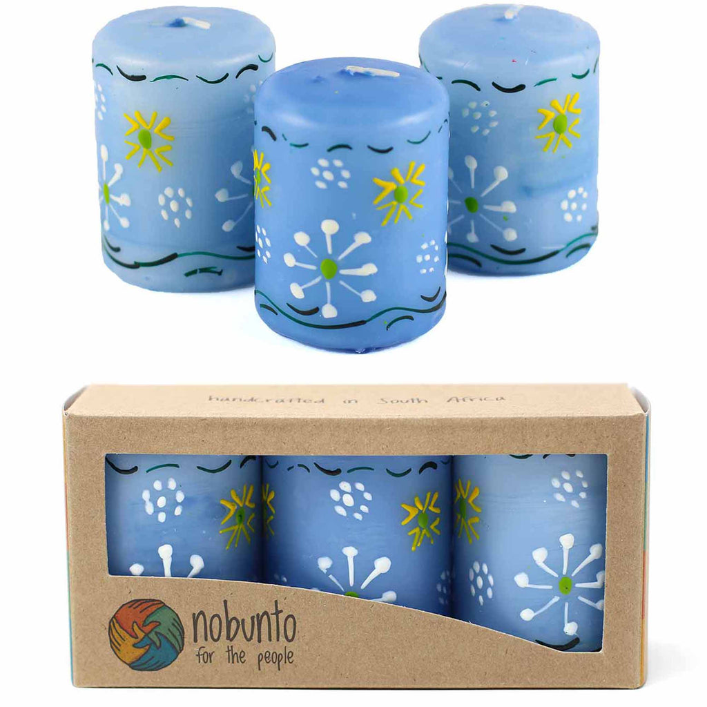 Hand Painted Candles in Blue Masika Design (box of three) - Nobunto - TheHomeToGo