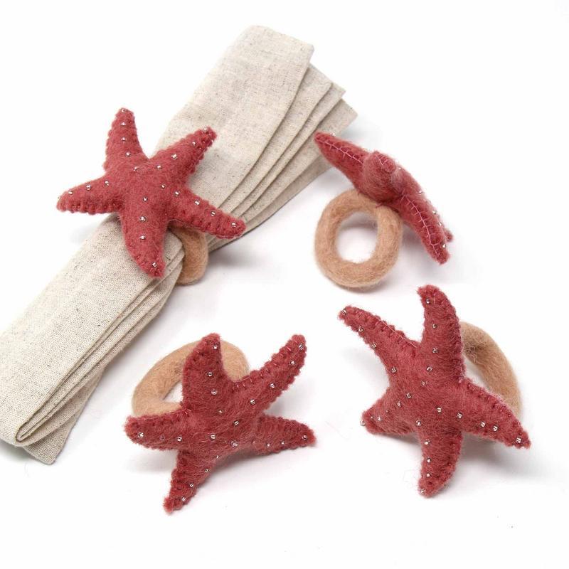 Hand-felted Starfish Napkin Rings, Set of Four Rose Quartz - Global Groove (T) - TheHomeToGo