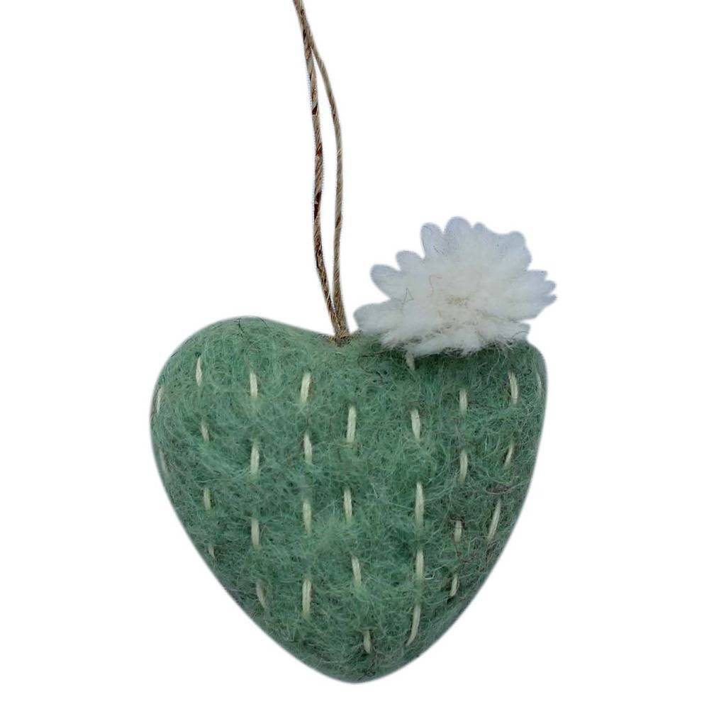 Heart Cactus with White Flower Felt Ornament (Sage Color) - Global Groove (H) - TheHomeToGo