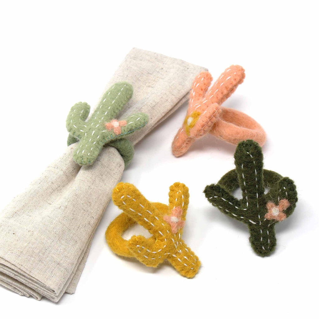 Hand-felted Cactus Napkin Rings, Set of Four Colors - Global Groove (T) - TheHomeToGo