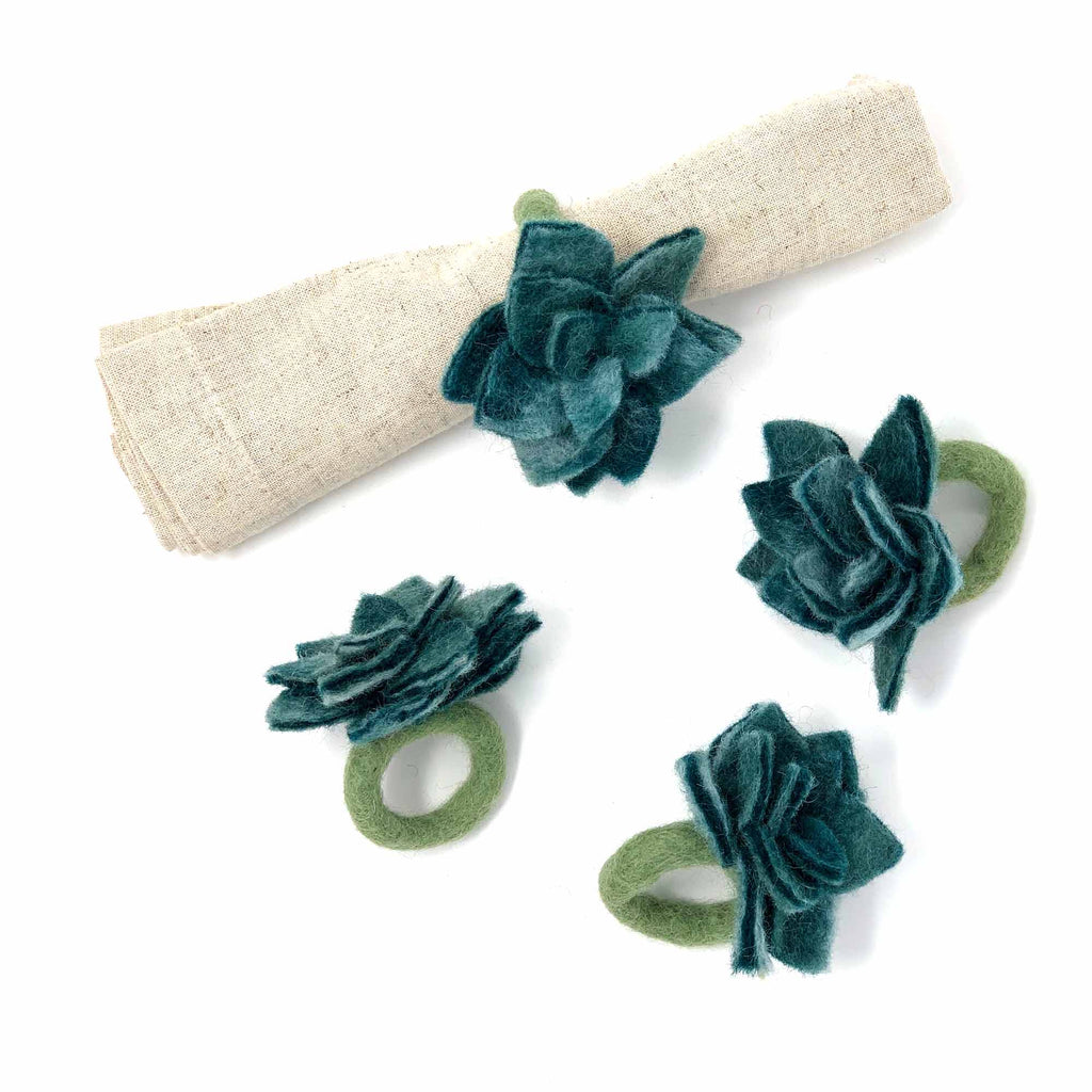 Hand-felted Succulent Napkin Rings, Set of Four Green - Global Groove (T) - TheHomeToGo