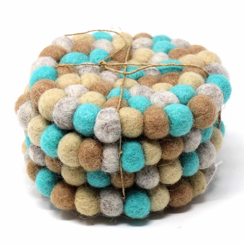 Hand Crafted Felt Ball Coasters from Nepal: 4-pack, Sky - Global Groove (T) - TheHomeToGo