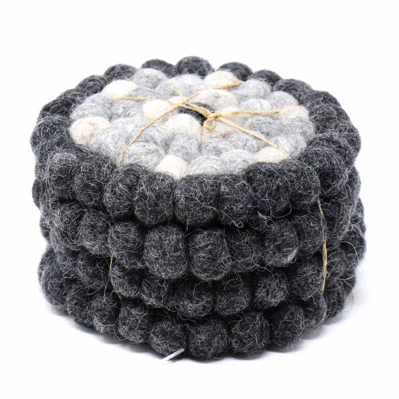 Hand Crafted Felt Ball Coasters from Nepal: 4-pack, Flower Black/Grey - Global Groove (T) - TheHomeToGo