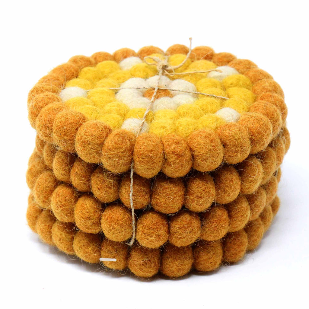 Hand Crafted Felt Ball Coasters from Nepal: 4-pack, Flower Golds - Global Groove (T) - TheHomeToGo