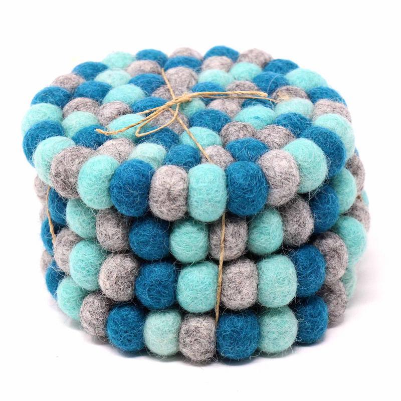 Hand Crafted Felt Ball Coasters from Nepal: 4-pack, Chakra Light Blues - Global Groove (T) - TheHomeToGo