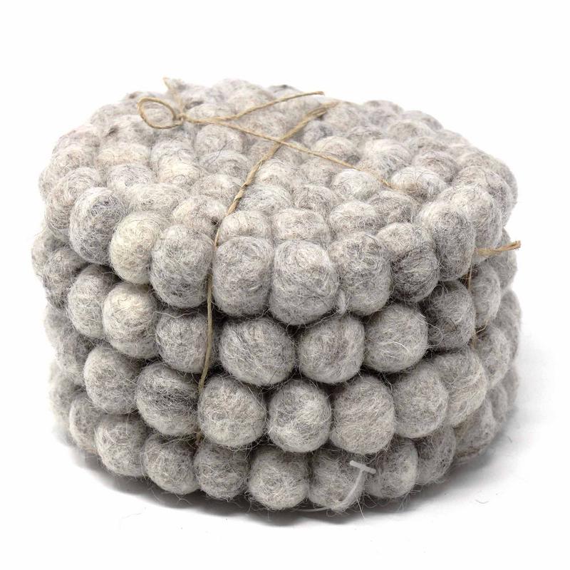 Hand Crafted Felt Ball Coasters from Nepal: 4-pack, Light Grey - Global Groove (T) - TheHomeToGo