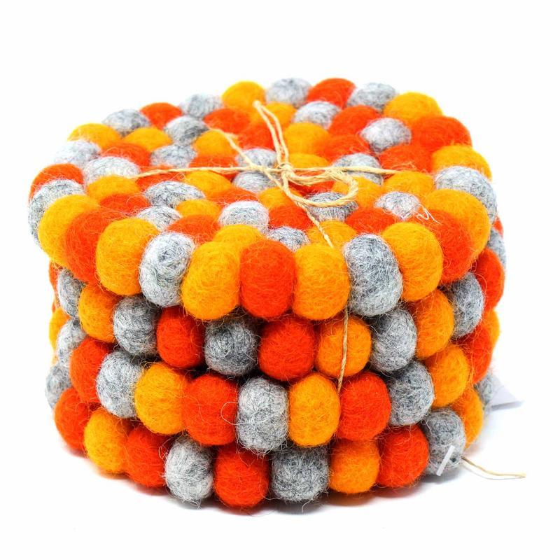 Hand Crafted Felt Ball Coasters from Nepal: 4-pack, Chakra Oranges - Global Groove (T) - TheHomeToGo