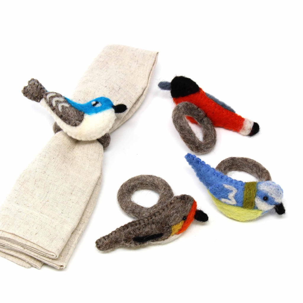 Hand-felted Bird Napkin Rings, Set of Four Colors - Global Groove (T) - TheHomeToGo