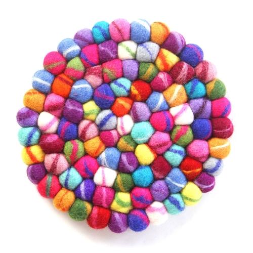 Hand Crafted Felt Ball Trivets from Nepal: Round, Rainbow - Global Groove (T) - TheHomeToGo