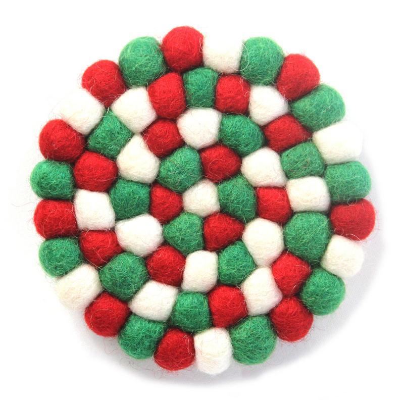 Hand Crafted Felt Ball Coasters from Nepal: 4-pack, White Christmas Multicolor - Global Groove (T) - TheHomeToGo