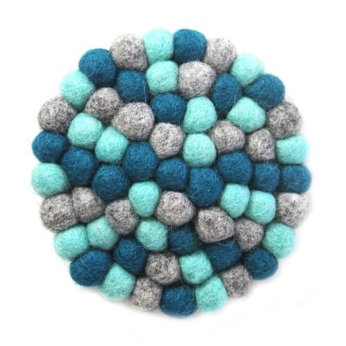 Hand Crafted Felt Ball Trivets from Nepal: Round Chakra, Light Blues - Global Groove (T) - TheHomeToGo