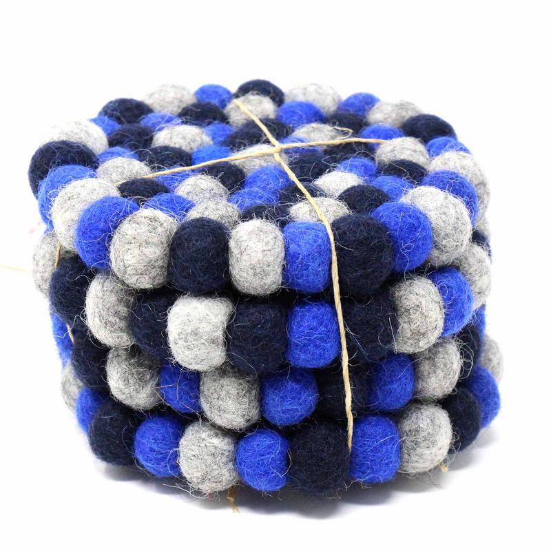 Hand Crafted Felt Ball Coasters from Nepal: 4-pack, Chakra Dark Blues - Global Groove (T) - TheHomeToGo