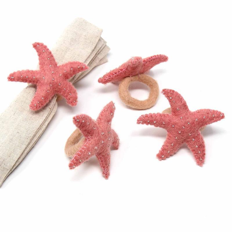 Hand-felted Starfish Napkin Rings, Set of Four Light Rose - Global Groove (T) - TheHomeToGo