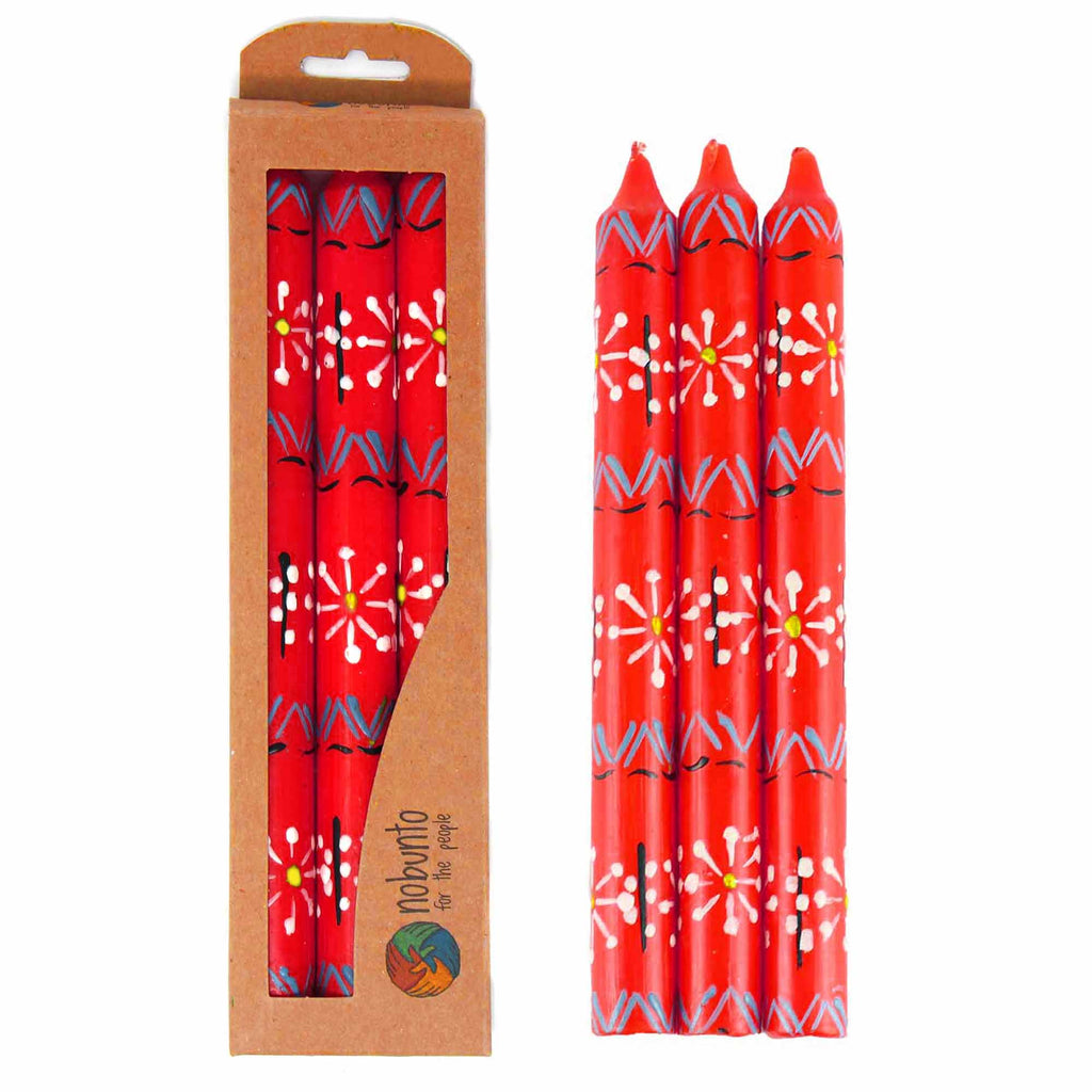 Hand Painted Candles in Red Masika Design (three tapers) - Nobunto - TheHomeToGo