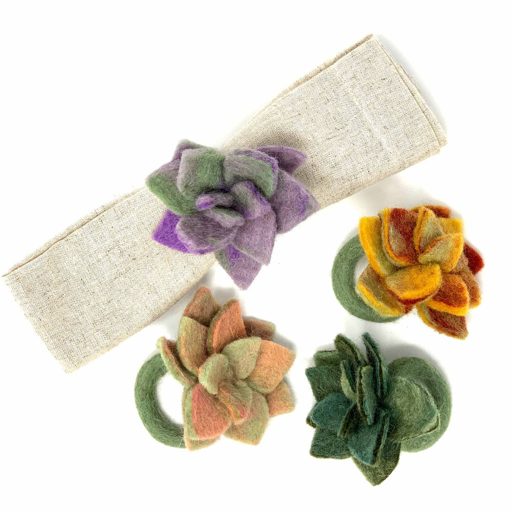 Hand-felted Succulent Napkin Rings, Set of Four Colors - Global Groove (T) - TheHomeToGo