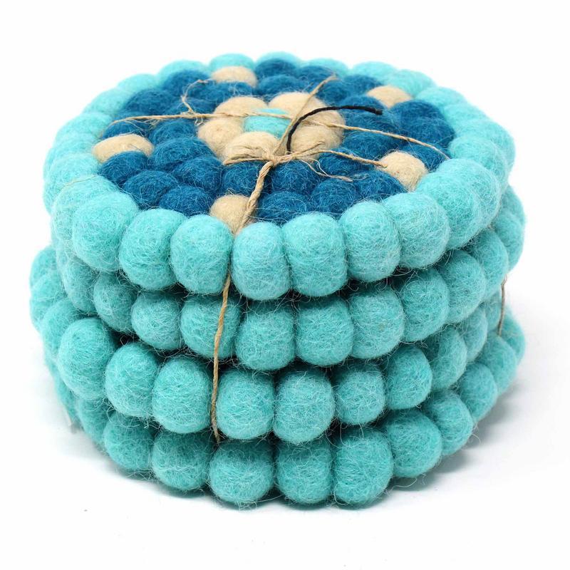 Hand Crafted Felt Ball Coasters from Nepal: 4-pack, Flower Turquoise - Global Groove (T) - TheHomeToGo