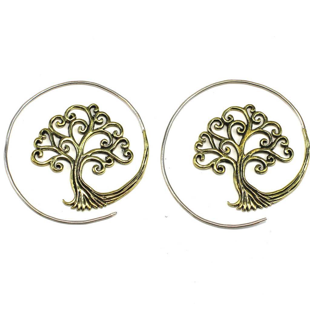 Brass Full Moon Tree of Life Spiral Earrings - DZI (J) - TheHomeToGo