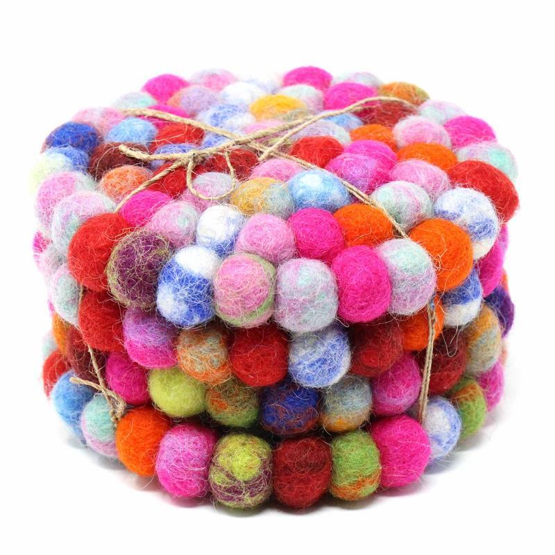 Hand Crafted Felt Ball Coasters from Nepal: 4-pack, Rainbow - Global Groove (T) - TheHomeToGo