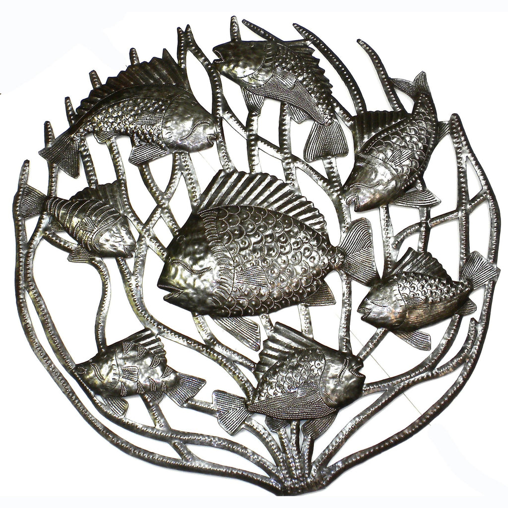 Fish in Coral Metal Wall Art 24-inch Diameter - Croix des Bouquets - TheHomeToGo